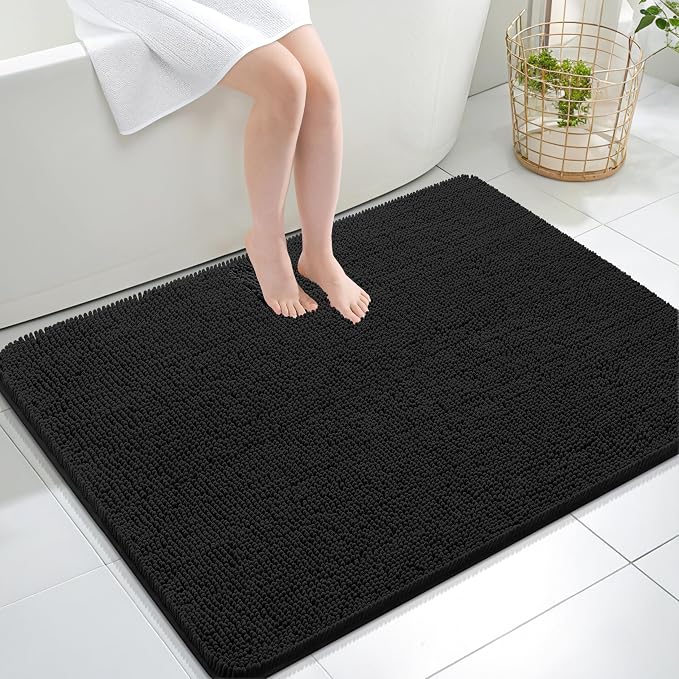 OLANLY Large Bathroom Rugs 40x32, Extra Soft Absorbent Chenille Bath Rugs, Rubber Backing Quick Dry, Machine Washable Bath Mats for Bathroom Floor, Tub and Shower, Home Decor Accessories, Black