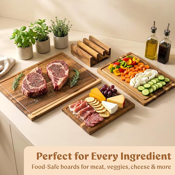 Acacia Wood Cutting Boards for Kitchen Set of 3 with Juice Groove | Non toxic FSC certified wooden chopping boards, knife-friendly, large kitchen boards for meat, cheese, charcuterie & serving