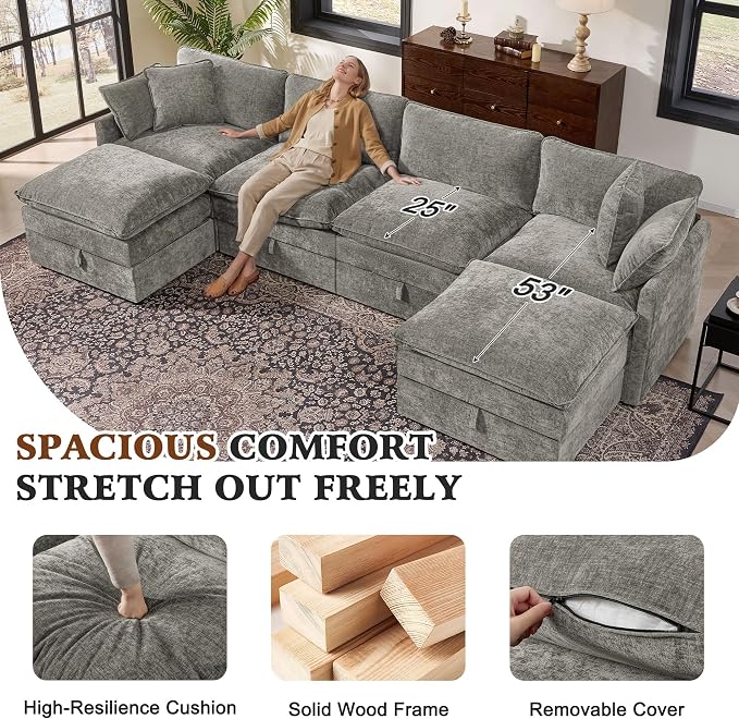 Ihanherry 135” Modular Sectional Sofa with Storage, U Shaped Cloud Couch with Movable Ottomans & 4 Pillows, Chenille Deep Seat Sectional Couches for Living Room, Apartment (Grey)