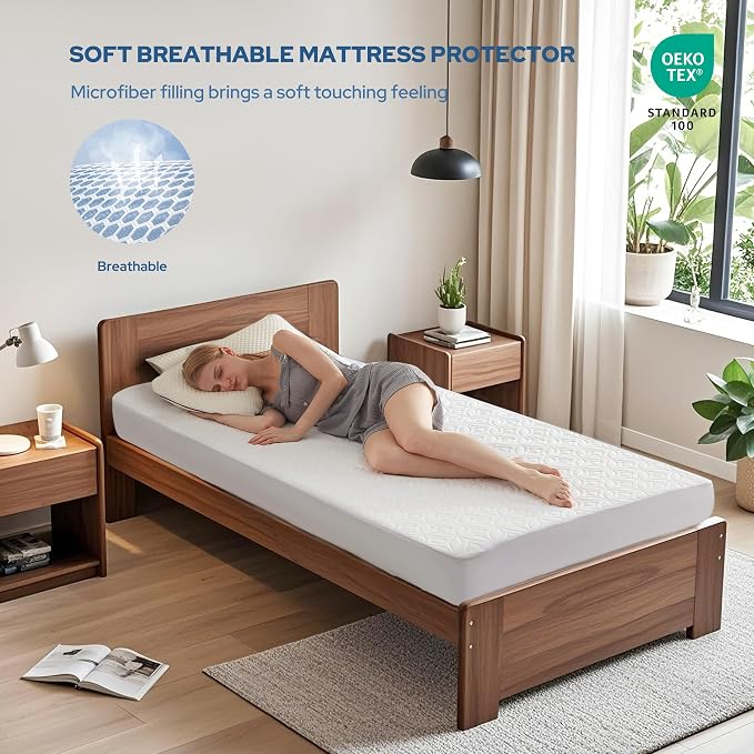 BEDLORE Waterproof Mattress Protector, Twin Size Mattress Pad with Deep Pocket 6"-15" Depth, Soft Breathable Single Bed Mattress Cover for Bedroom, Dorm Room (White)