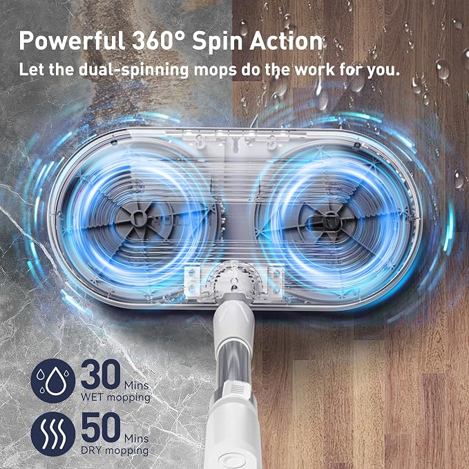 Cordless Electric Spin Mop with Spray and LED Headlight | Self-propelled dual-spin cleaning, 30-50 min runtime, 290 ml spray tank and 6 washable pads for sealed hard floors