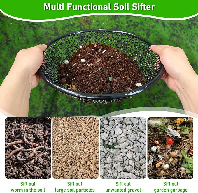 4Pcs 11.8" W Soil Sifter for Gardening, 2,4,6,8mm Grid Rock Sifter for 5 Gallon Bucket, Stainless Steel Fine Dirt Sifter, Compost Sifter for Capturing Dirt, Sand, Rocks, and Filtering Compost (Black)