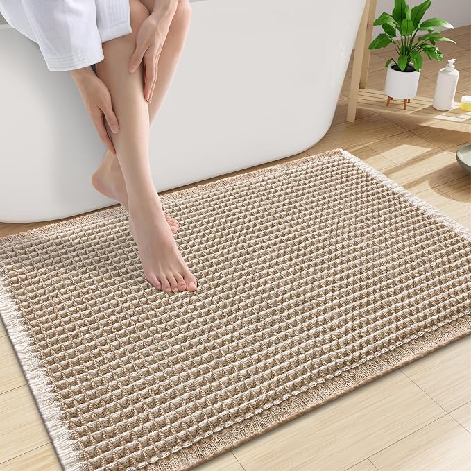Smiry Waffle Bath Mat 30x20, Extra Soft Absorbent Bathroom Rugs, Non Slip Machine Washable Quick Dry Bath Rugs for Bathroom Floor, Tub, Shower, Home Decor Accessories, Brown & Cream