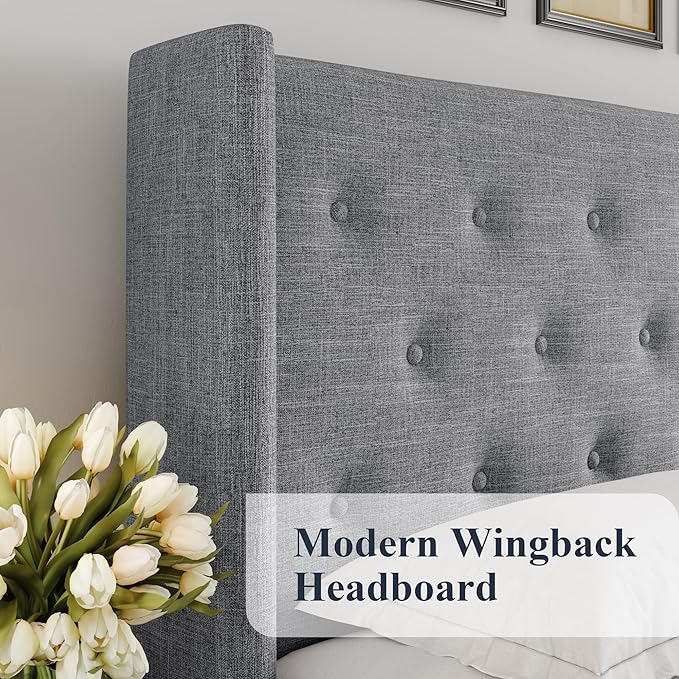Allewie Full Size Lift Up Storage Button-Tufted Bed Frame Light Grey | Modern Wingback Headboard, Hydraulic Support Storage, No Box Spring Needed