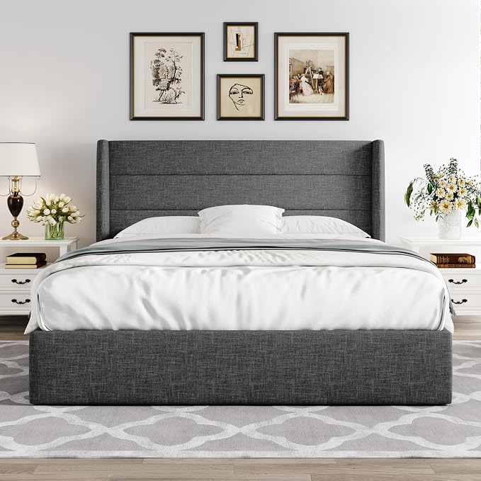 Allewie Queen Size Lift Up Hydraulic Storage Bed Frame Dark Grey | Modern Wingback Headboard, Hydraulic Support Storage, No Box Spring Needed
