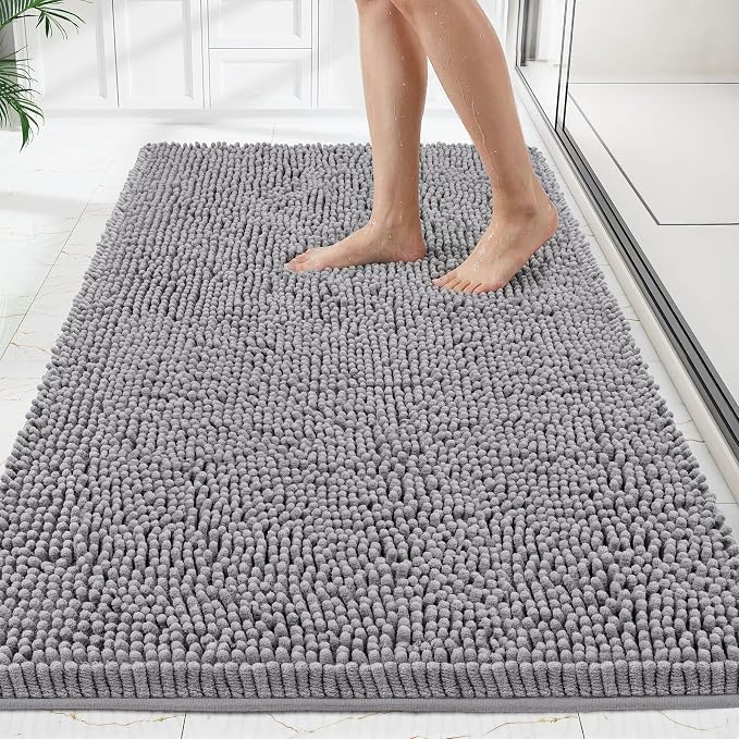 Bathroom Rugs Mat 48 x 24, Thick Soft Absorbent Chenille Bath Rugs, Rubber Backing Bath Mats for Bathroom Floor, Tub, Shower, Bedroom, Home Decor Accessories, Quick Dry Machine Washable, Grey