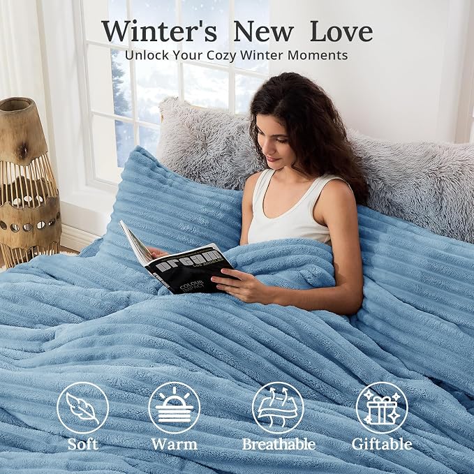 Sasttie Queen Comforter Set 3 Pieces - Super Soft Fleece Comforters Queen Size, 1 Luxury Warm Fuzzy Marshmallow Comforter with 2 Pillow Cases, Faux Fur Down Alternative Bedding Set, Greyish Blue