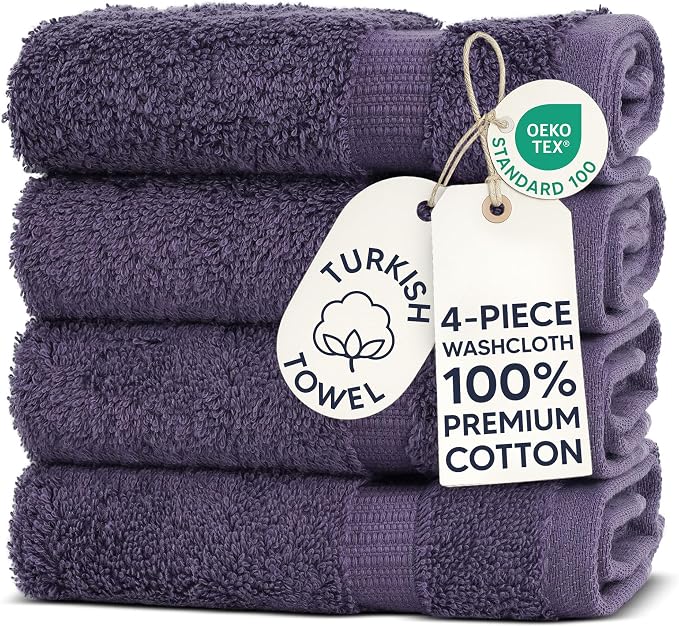 Chakir Turkish Linens 4 Piece Washcloth Set, 100% Cotton Luxury Turkish Washcloths for Bathroom, Soft Absorbent Washcloths, 13 x 13 Inches, Plum