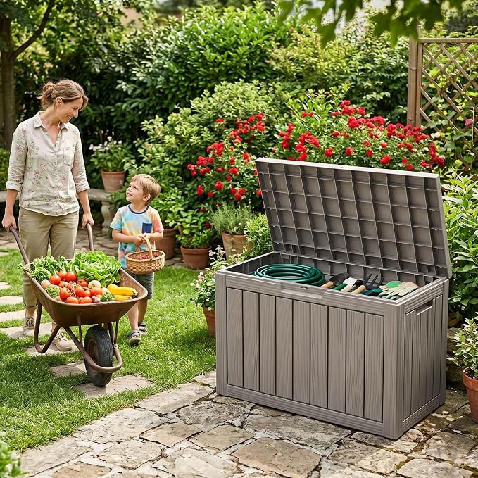 DRATO 55 Gallon Outdoor Storage Box Waterproof, Lockable Resin Deck Boxes | Weatherproof Patio Furniture, UV-Resistant Pool Supplies & Garden Tools, Backyard, Porch, Easy Asembly, 300lbs, Grey