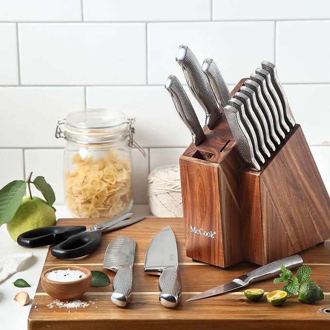 McCook Knife Set Sharp Kitchen Knife Block Set w Built-in Sharpener | German Forged Stainless Steel,17 PC,Razor Sharp, Anti-Rust,Restaurant Grade, Ergonomic Handle,Full Tang,Gift Box