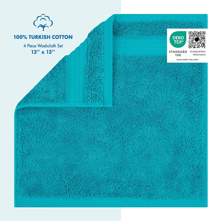 Cotton Paradise 100% Cotton Turkish Towel Set, Soft Absorbent Quick Dry, 4 Piece Washcloth Set, Ocean Aqua