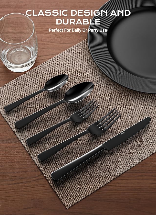 Black Silverware Set, 20-Piece Flatware Set Service for 4, Durable Stainless Steel, Mirror Polished Tableware Eating Cutlery Set, Kitchen Utensils Set with Steak Knives, Dishwasher Safe