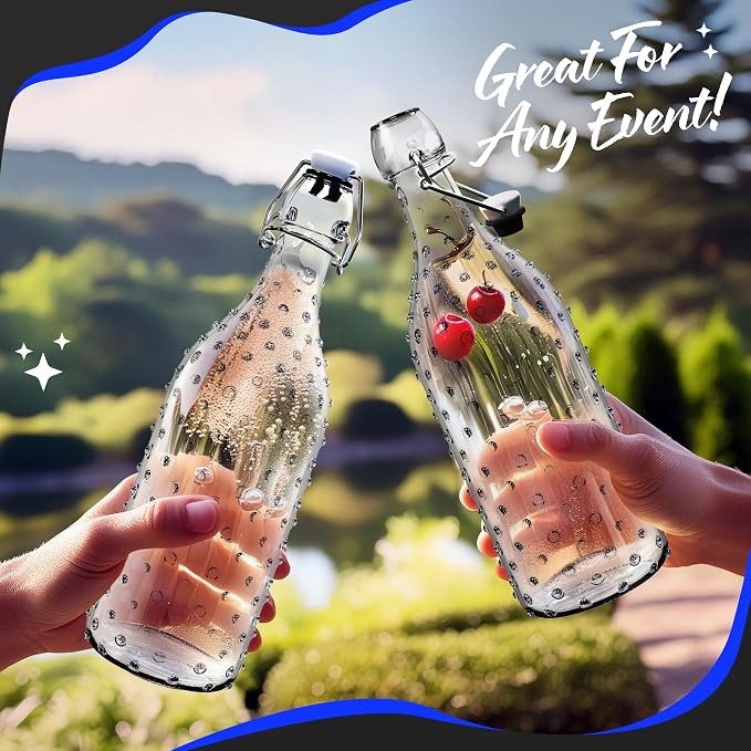 Nevlers 17 Oz Dotted Swing Top Glass Bottles with Airtight Lid | 12 Pack Flip Top Glass Bottle with Lids, Shrink Wrap, Funnel, Brush, Tags & Marker | Fermentation or Kombucha Bottles with Stoppers