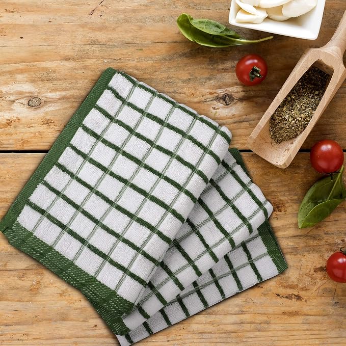 Urban Villa Kitchen Towels Cotton Dish Towels 20”x30” (Set of 3) Green Wht
