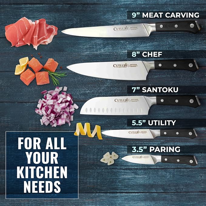 Cutluxe Kitchen Knives, 5-Piece Chef Knife Set – Razor Sharp German Steel | Full Tang Ergonomic Handles, Professional Blades – Artisan Series, Forged High Carbon