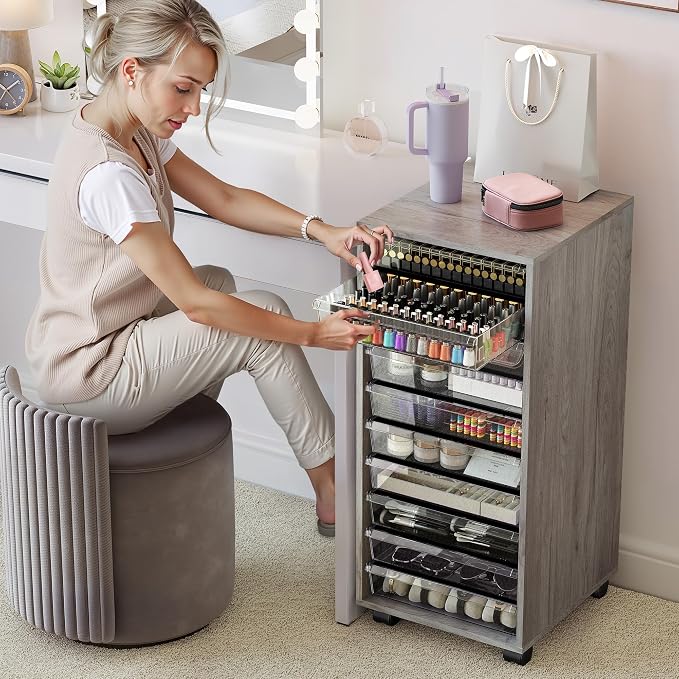 WOPITUES Storage Drawer Cart, Mobile Storage Cabinet, Makeup Storage with 10 Large Clear Drawers, Utility Wooden Rolling Cart on Wheels, for Cosmetic, Art Craft, Office Supplies, Toy, Grey