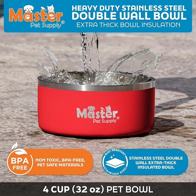 Master Pet Supply Stainless Steel Dog Bowls - 32 oz, Heavy Duty - Crimson Flame, Double Wall Extra-Thick Insulated, Non-Slip Pet Water Bowl for Dogs, Cats & Pets, Anti Rust Metal, Dish Washer Safe