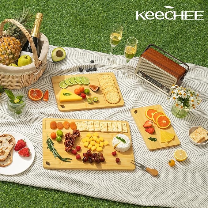 Keechee Bamboo Cutting Board, Cutting Board for Kitchen with Handles | Deep juice grooves, built-in handles, versatile 3 piece set for everyday cooking and chopping