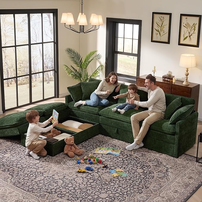 Ihanherry 103” Modular Sectional Sofa with Storage, U Shaped Cloud Couch with Movable Ottomans & 4 Pillows, Chenille Deep Seat Sectional Couches for Living Room, Apartment (Green)
