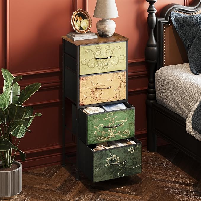 WLIVE Small Dresser Nightstand for Bedroom, 4 Drawers, Floral | 4 vertical fabric drawers, Space-saving tower, Bedroom or closet use, Chest of drawers, Dresser for small spaces