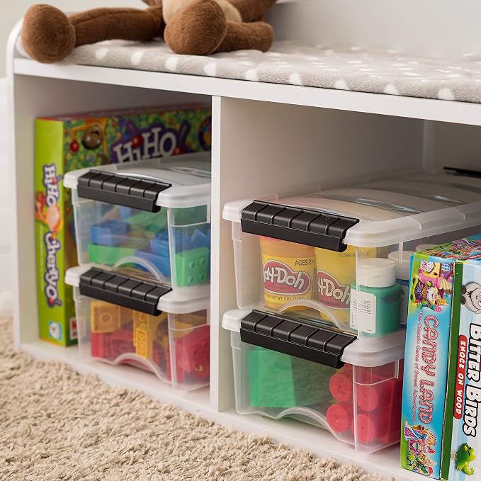 IRIS USA 6 Quart Stackable Plastic Storage Bins with Lids, 3 Pack - BPA-Free, Made in USA - See-Through Organizing Solution, Latches, Durable Nestable Containers, Secure Pull Handle - Clear/Black