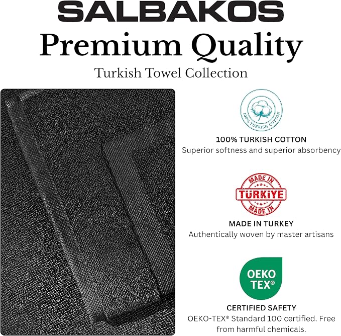 SALBAKOS 2-Piece 100% Turkish Cotton Bath Mat Towel, 20x34 inch, Black | Bathroom Floor Towels, Thick Soft Most Absorbent Quick-Dry Durable Large Size Foot Rug, Premium Hotel Quality Made in Turkey