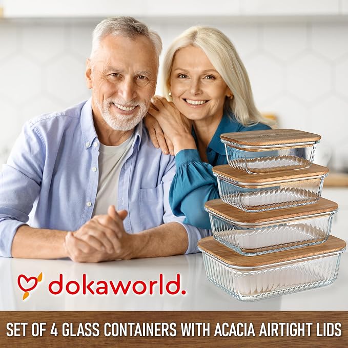 Set of 4 Stackable Space-Saving Nesting Glass Bowls with Airtight Acacia Lids for Lunch, Meal & Food Prep - Microwave & Oven-ready BPA Free Durable Heat Resistant Inert Borosilicate Glass