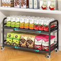 2-Tier Expandable Rolling Cart, Pantry Storage Cart with Wheels, Adjustable Rolling Pantry Floor Organizer, Metal Under Desk Cart, Can Storage & Snack Organizer for Kitchen Pantry, Black