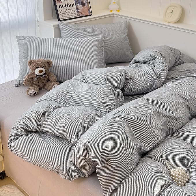 mixinni Grey Striped Duvet Cover Full Size - 100% Washed Cotton Pinstripe Comforter Cover with Zipper Closure, Lightweight & Breathable, 3 Pieces Minimalist Stripes Pattern Printed Bedding Set