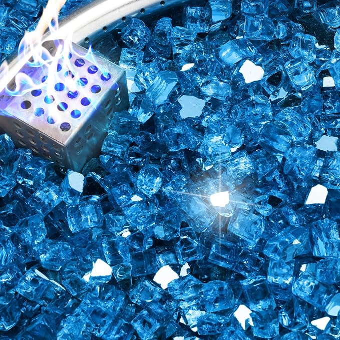 NUPICK 5 Pound Fire Glass, 1/2 Inch Reflective Fire Pit Glass | Fire Pit Rocks for Propane or Natural Gas, Glass Rocks for Fire Pit Table, Fireplace, Fire Bowl, Pacific Blue Reflective