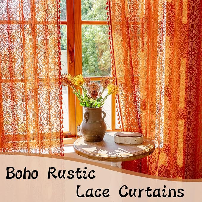 Sutuo Home Boho Floral Lace Curtains for Living Room Home Office, Semi Sheer Orange Curtains Farmhouse Privacy Crochet Vintage Victorian Tassels Rod Pocket Easter Decor, 2 Panels 50" x 96" Terracotta