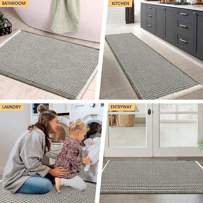 IM HOME Waffle Bath Mat Set 3 Piece Green & Cream,Woven Modern Bath Rug Mats, Absorbent Non Slip Bath Floor Mat, Soft Washable Boho Bath Rugs with Tassels for Bathroom, Bedroom, Kitchen, Tub