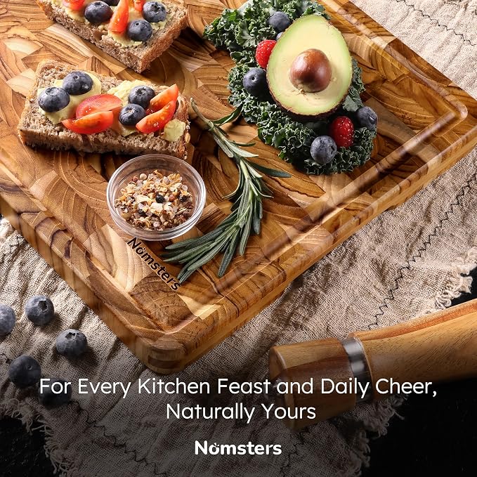Teak Wood Extra Large End Grain Cutting Board for Kitchen with Non-slip Feet, Heavy Duty Checkered Cutting Board with Juice Groove & Handle Handcrafted Luxury Chopping Board for Meat, Vegetables