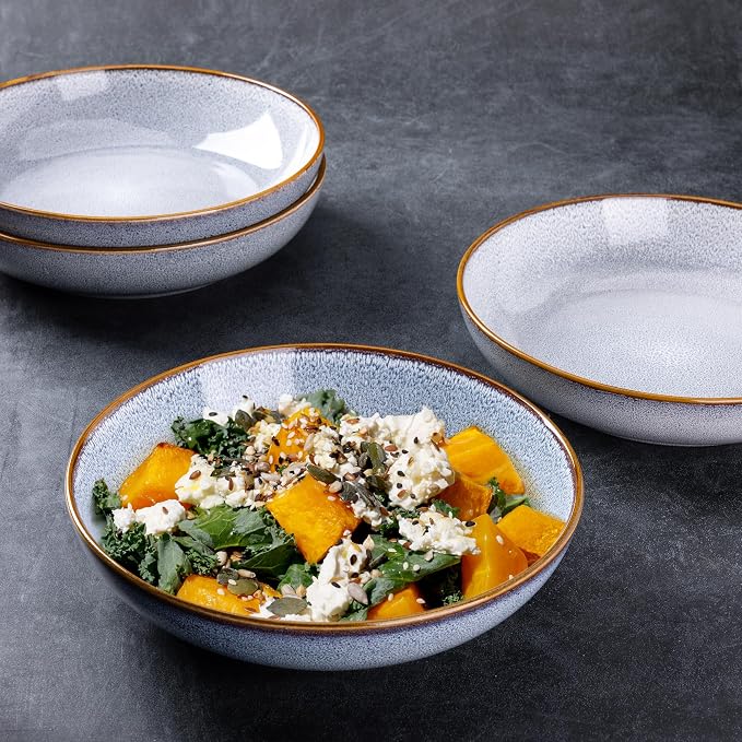 AmorArc 8.5'' Large Pasta Bowls, 36oz Ceramic Salad Serving Bowls Set of 6 for Kitchen, Wide Stoneware Bowls for Pasta, Salad, Fruit, Bread, Microwave Safe, Reactive Glaze-Blue