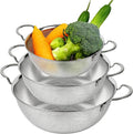 Premium 18/8 304 Stainless Steel Set of 3 – Micro-Perforated Strainers with Handles, Self-Draining Base for Pasta Vegetables Fruit, Heavy Duty (4, 6, 8 Qt) Made in Korea