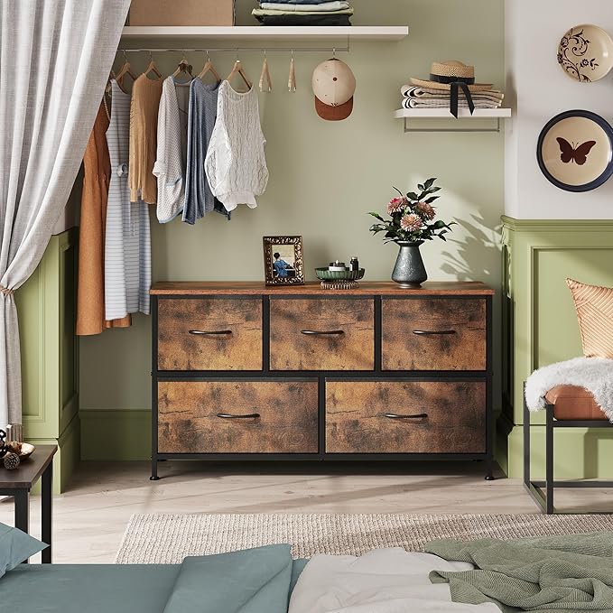 WLIVE Wide Dresser for Bedroom, 5 Drawer Chest of Drawers, Rustic Brown | 5 roomy fabric drawers, Wide storage design, Bedroom or closet use, Sturdy steel frame, Smooth wood tabletop