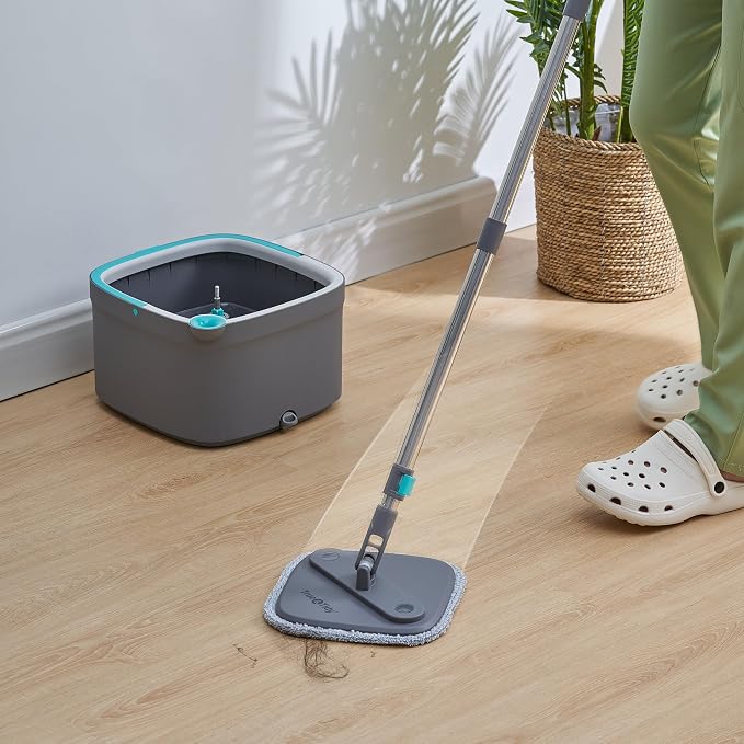 Spin Mop and Bucket with Separate Compartments for Clean and Dirty Water NEW 2025 Upgraded Version w/Side Brush and Self Standing Handle, Smart Square Mop w/ 2 Machine Washable Microfiber Pads, Gray