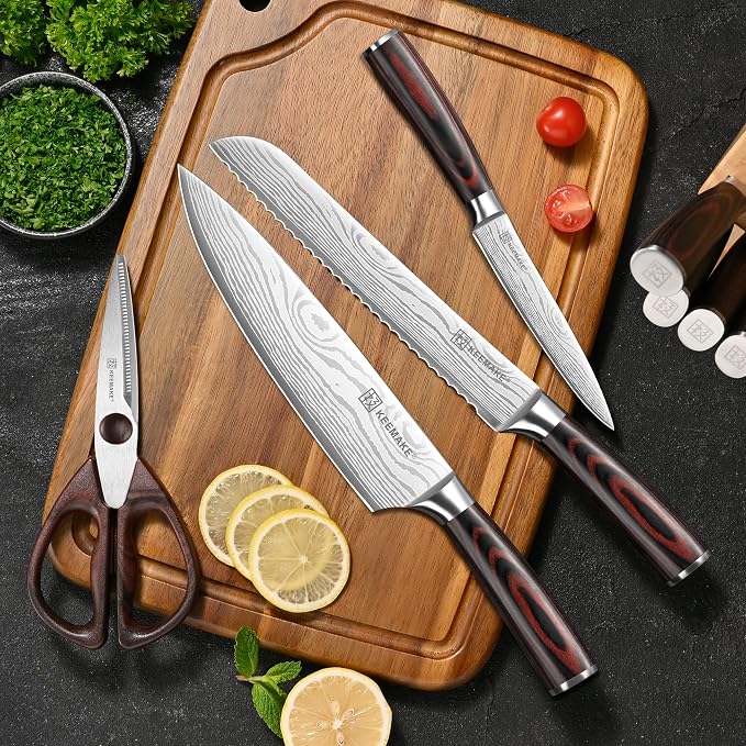 14 Pcs Kitchen Knife Set with Block, Ultra Sharp Knife Block Set | Japanese High Carbon Stainless Steel, Professional Chef Knife Set with Ergonomic Pakkawood Handle and Sharpener
