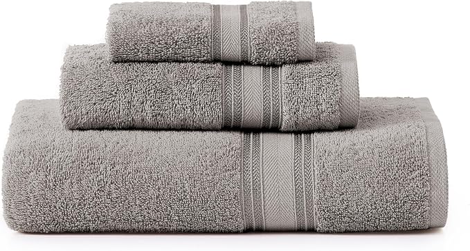 LANE LINEN Bath Towel Set 100% Cotton 3 Piece Soft Absorbent - Grey | Shower Towels - Generously Sized, Oversized & Roomy, Lightweight & Breathable, Fade-Resistant Color, Classic Terry Weave