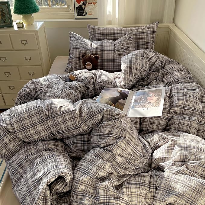 mixinni Twin XL Duvet Cover Set - 3 Piece Vintage Buffalo Plaid Bedding, 100% Washed Cotton Duvet Cover with 2 Pillowcases, Soft & Breathable Navy Beige White Geometric Grid Pattern for All Seasons