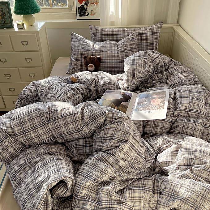 mixinni Twin Duvet Cover Set - 3 Piece Vintage Buffalo Plaid Bedding, 100% Washed Cotton Duvet Cover with 2 Pillowcases, Soft & Breathable Navy Beige White Geometric Grid Pattern for All Seasons