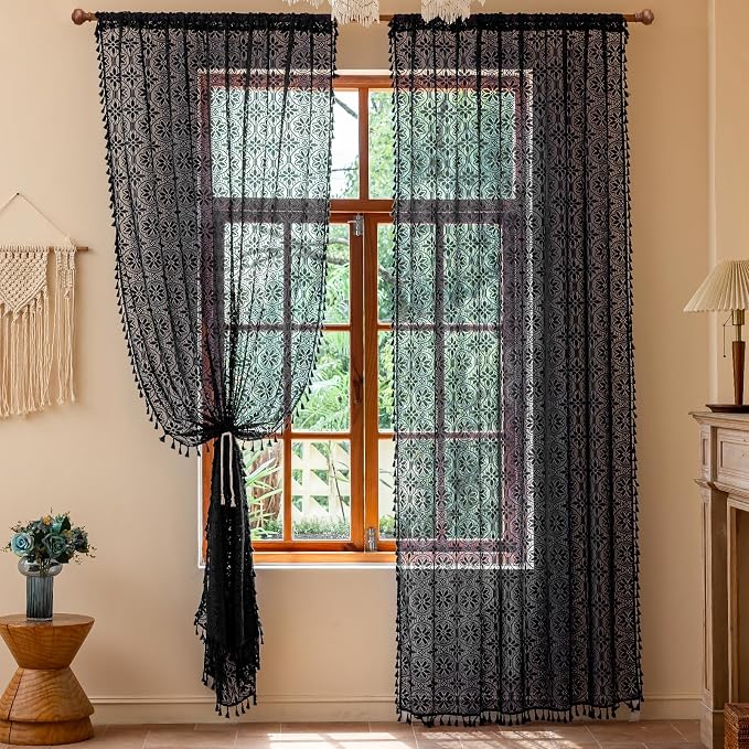 Sutuo Home Black Boho Sheer Curtains 84 inches Long 2 Panel for Living Room | Bohemian Lace Curtains Drape Crochet Light Filtering Farmhouse Decor Vintage Chic Tassels Window Treatments Rod Pocket, 50" W