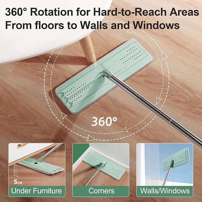 JOYMOOP 8L Large Capacity Flat Mop System, Light Green | Extension Handle, Floor, Window, and Wall Cleaning, 3 Washable Microfiber Pads, Wet and Dry Use