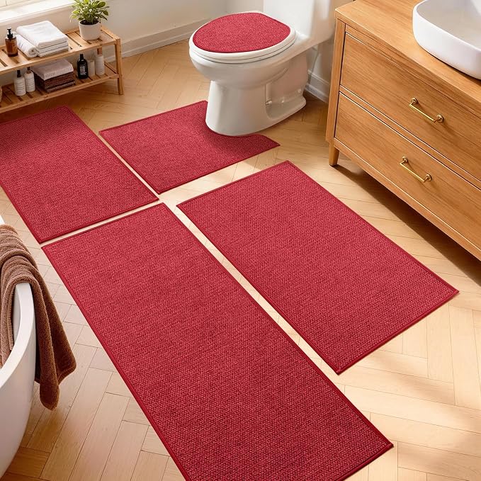 YIHOUSE Red Bathroom Rugs Sets 5 Piece, Quick Dry Thin Bath Mat with Toilet Rug - Non Slip Absorbent Machine Washable - Bath Runner Rugs for Bathtub Sink Home Decor