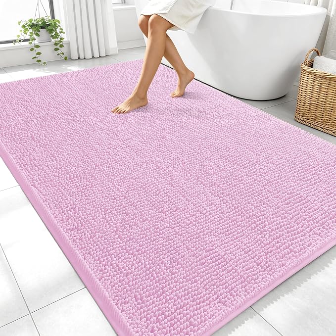 OLANLY Large Bathroom Rugs 70x46, Extra Soft Absorbent Chenille Bath Rugs, Rubber Backing Quick Dry, Machine Washable Bath Mats for Bathroom Floor, Tub and Shower, Home Decor Accessories, Pink