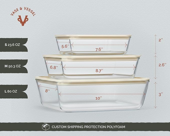 Non-Toxic Glass Storage Container Set, Borosilicate Glass, Tempered Glass Lids, Baking Pan, Airtight, Vented, Microwave, Oven & Dishwasher Safe, (Rectangular, Set of 3)