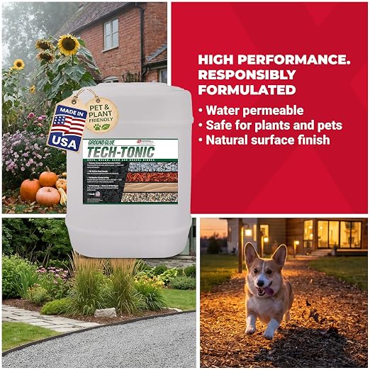 Ground Glue Tech-Tonic Landscape Adhesive, 5 Gallon Tote | For Rock, Mulch, and Sand, Long-Lasting Stabilizer for Trails & Slopes, Pet-Safe Binder for Pea Gravel, Bark & Flower Beds