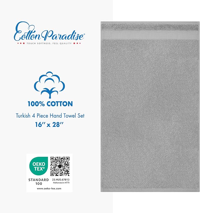 Cotton Paradise Hand Towels for Bathroom, 100% Cotton Turkish 4 Piece Hand Towel Set, Soft Absorbent Face Towels, Light Gray Hand Towels