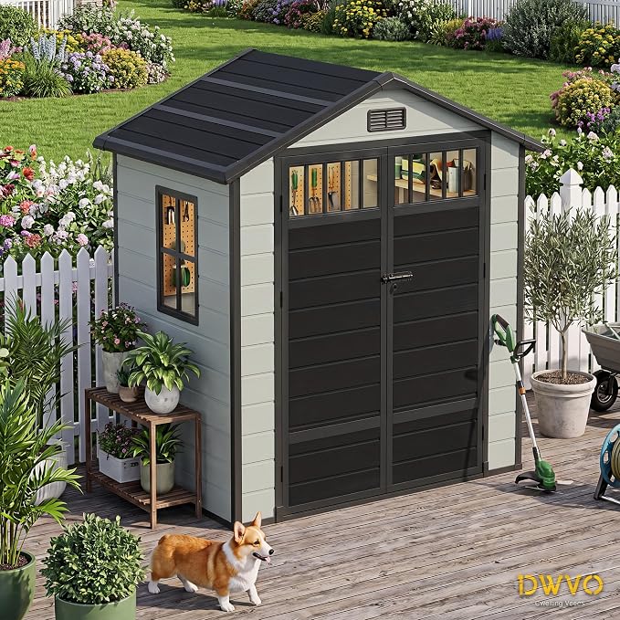 DWVO 6x4.4 FT Outdoor Storage Shed with Fence-Style and Side Windows, Lockable Door and Vents Resin Storage Shed for Garden, Backyard, Patio, Lawn