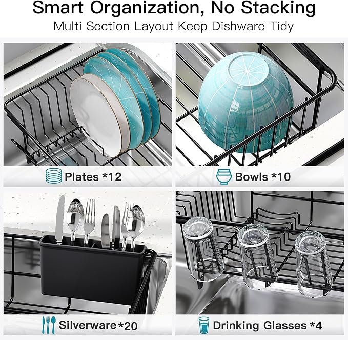 JASIWAY Black Dish Drying Rack in Sink, Dish Drainer with Utensil Holder | Over The Sink Expandable Stainless Steel Strainer Dryer Rack for Small Kitchen, Counter Space Saving, Fast Drain, Rustproof